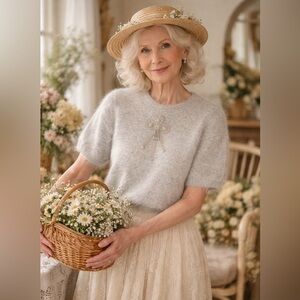 Vintage Gray Angora Pearls Short Sleeve Sweater Fluffy Fur Korea Cottage Prairie